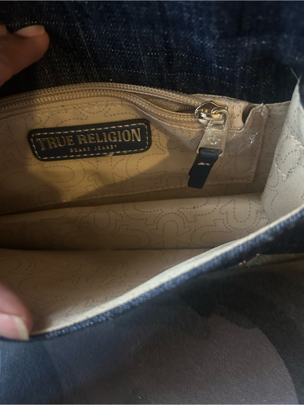 True Religion Dark Blue Frayed Denim Crossbody Bag with Gold Hardware - Picture 6 of 7